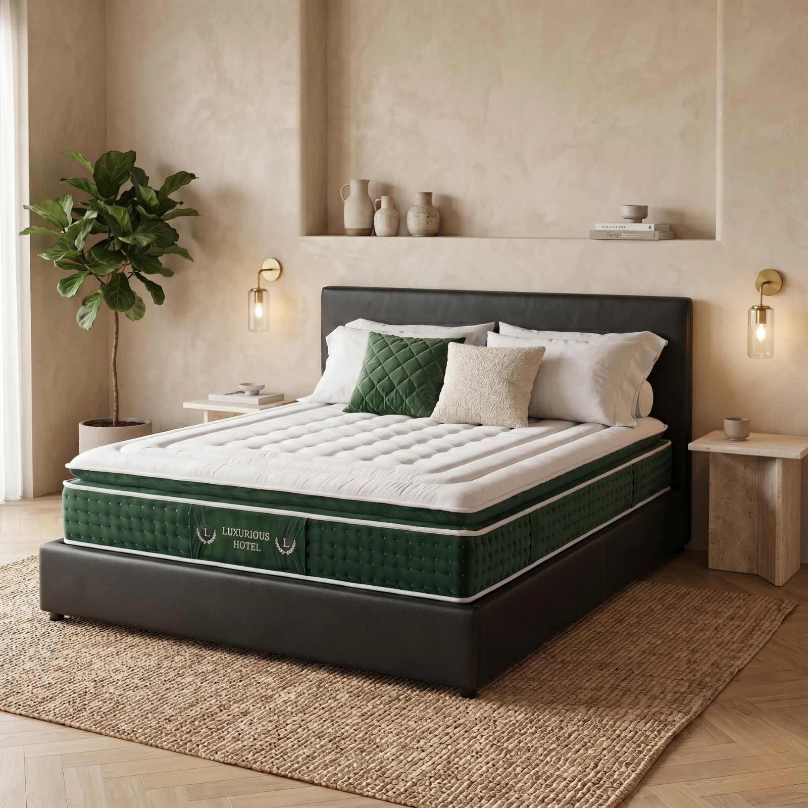Ensemble literie complet avec lit coffre et matelas d'hôtel - Collection Simili cuir