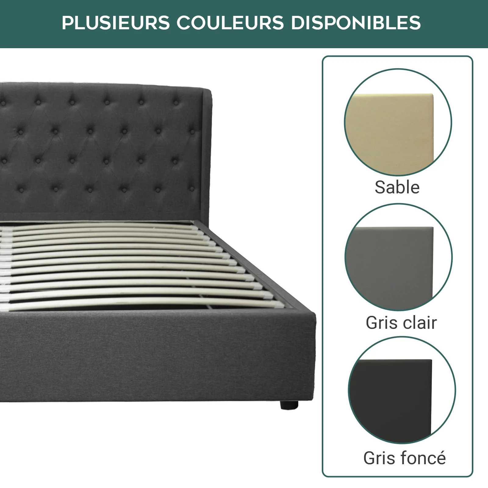 Lit coffre sommier relevable Monceau capitonné chic : tissu et sommier à lattes en bois flexibles - Image 7