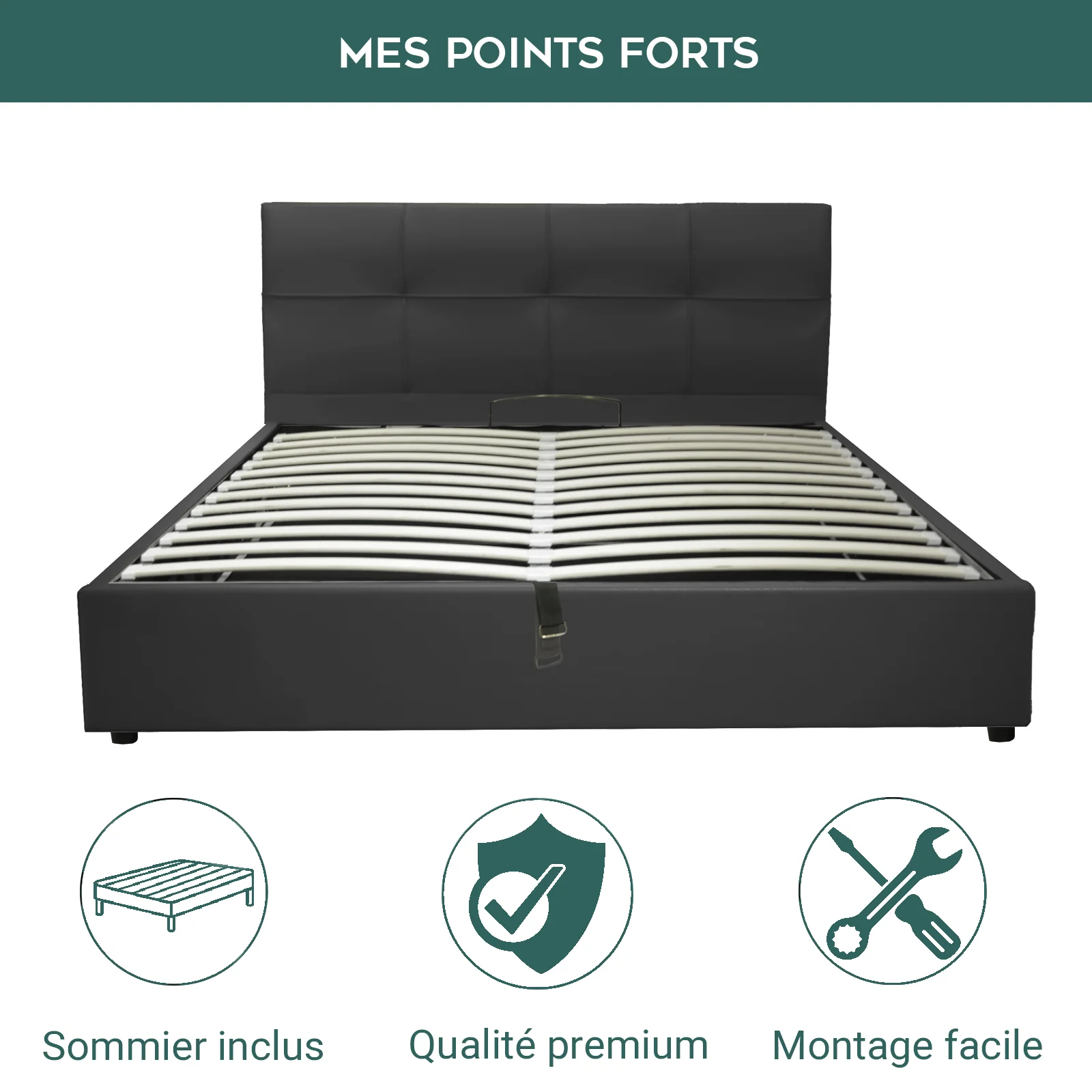 Lit grand coffre avec tête de lit capitonnée en simili cuir - Collection VariLuxe - Image 27