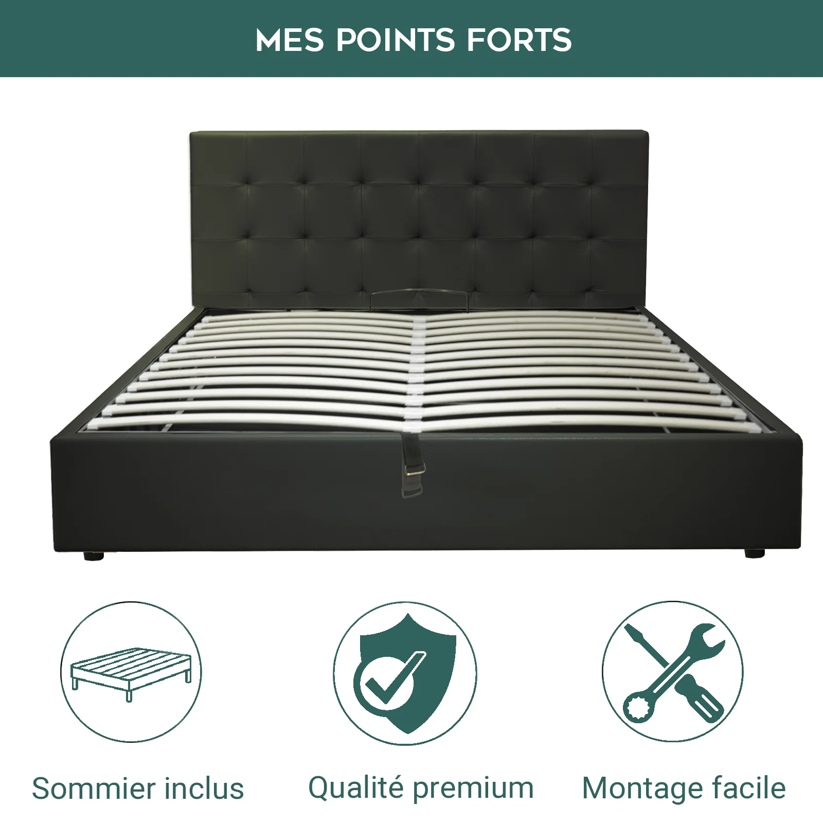 Lit grand coffre avec tête de lit capitonnée en simili cuir - Collection VariLuxe - Image 44