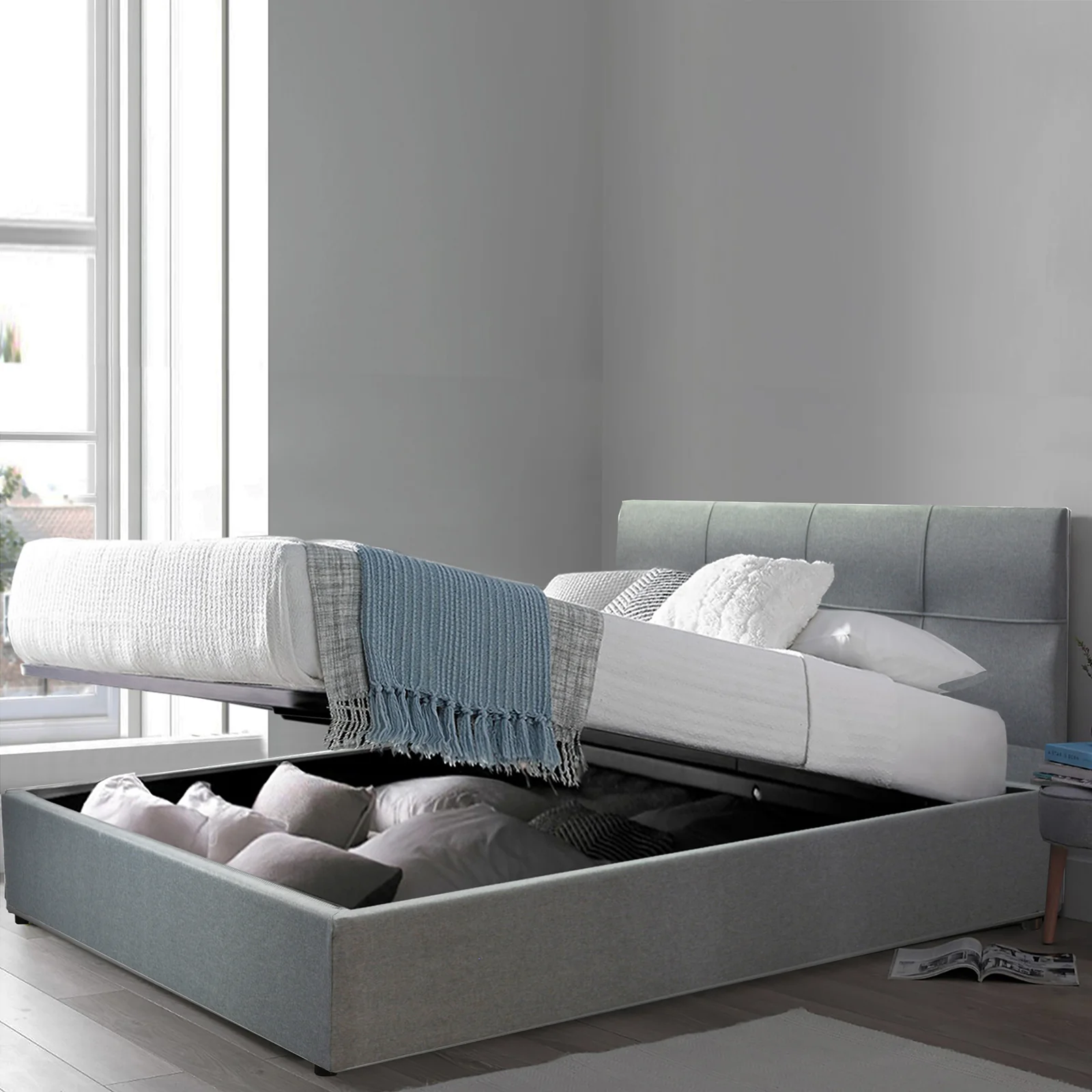 Lit coffre VariLuxe innovant - Tête de lit interchangeable : Tissu et grand coffre