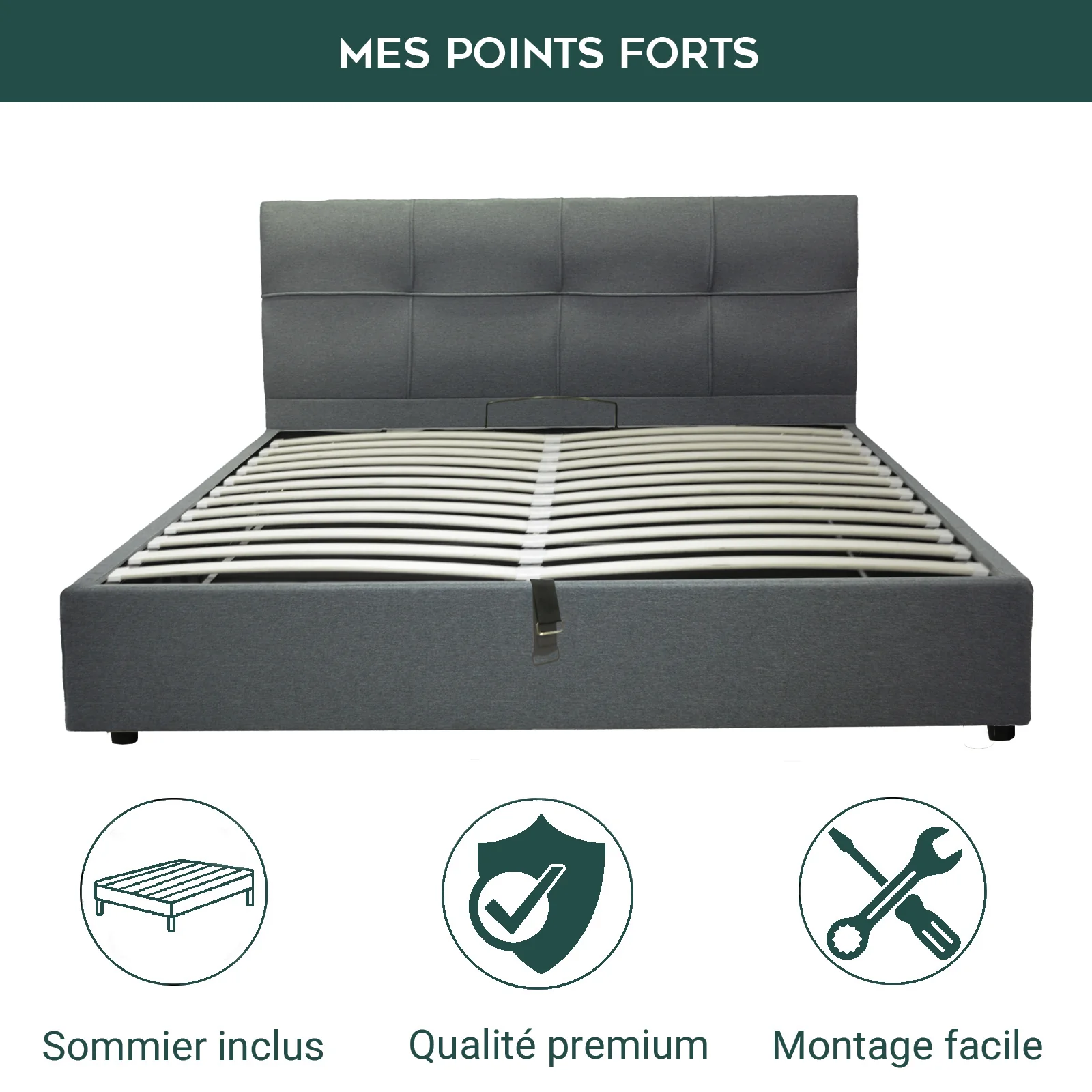 Lit coffre VariLuxe innovant - Tête de lit interchangeable : Tissu et grand coffre - Image 2