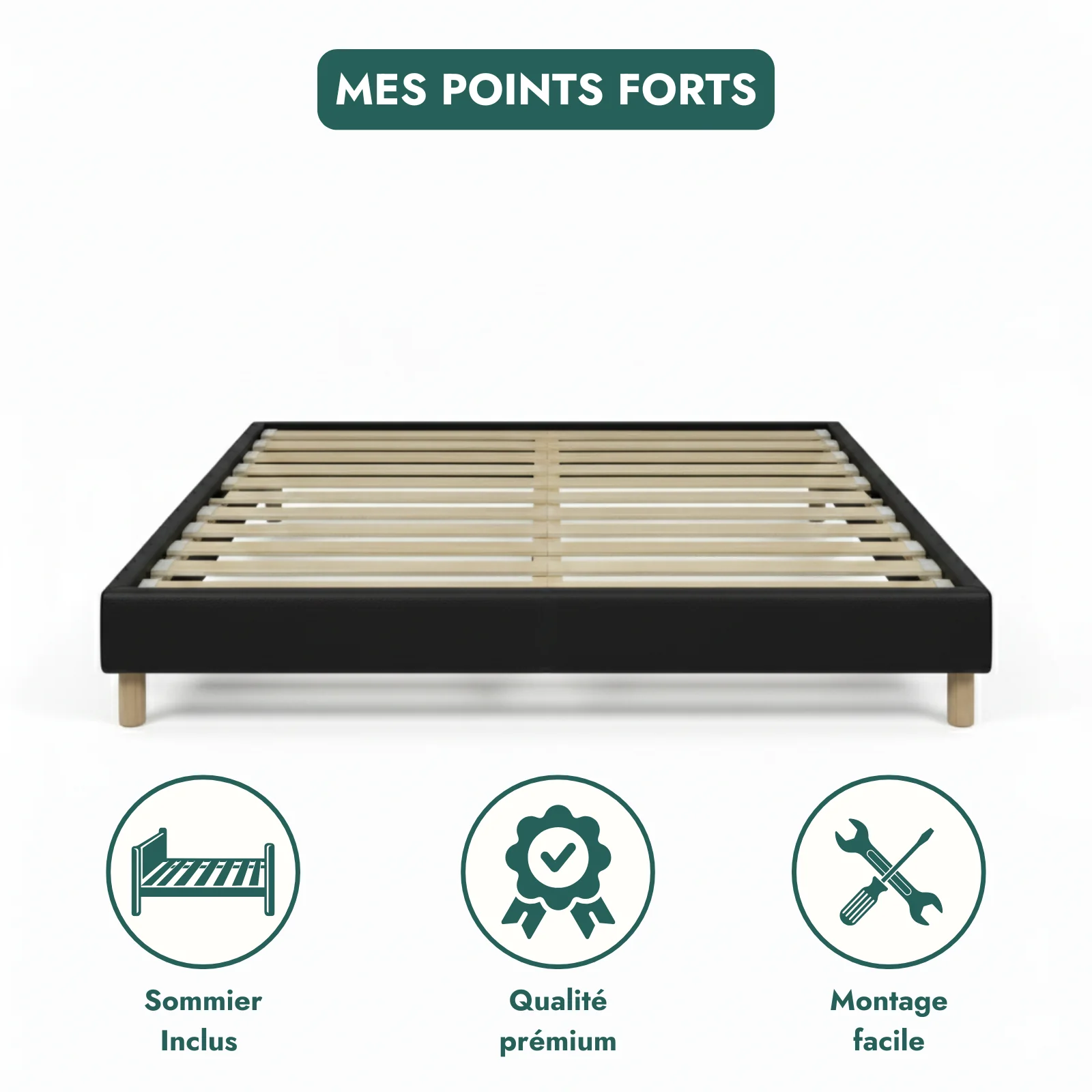 Sommier simili cuir, cadre de lit et pieds bois, maintien bassin - Collection Deco - Image 9